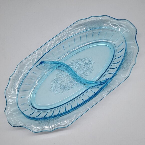 Vintage Anchor Hocking Blue Mayfair Open Rose Divided Relish Dish Oval - Picture 2 of 10